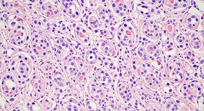 Microscopic View of Kidney Tissue Showing Nephrons and Tubules.