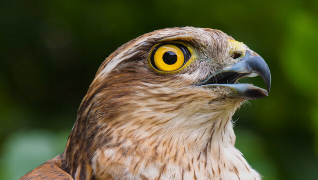 Majestic Cooper's Hawk Close-Up Profile with Intense Yellow Eye and Open Beak in Lush Green Forest - Powerful Wildlife and Nature Conservation Photography