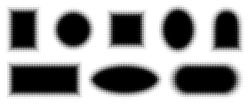 Halftone dot patterns and geometric shapes with gradient effects. Black frames, badges, and icons in abstract grunge style for modern graphic design projects.