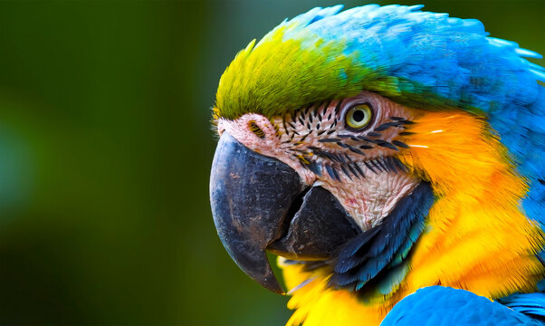 Close-up of a Blue and Yellow Macaw Parrot with Vibrant Feathers in a Tropical Rainforest Setting - Exotic Wildlife and Nature Conservation Concept Background