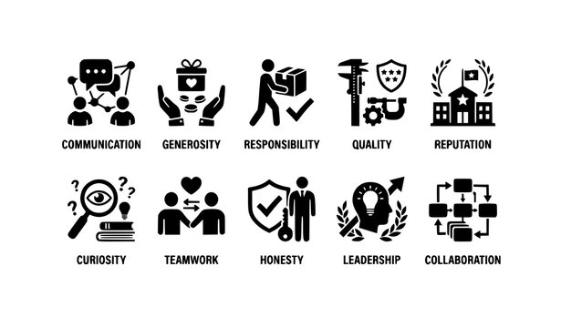 Core values dual color flat icon set with communication honesty teamwork and responsibility symbols