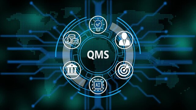 &ldquo;QMS, Artificial Intelligence, and Global Business Network Technology Concept&rdquo;. Digital circuit board on world background. Representing artificial intelligence, and future technology