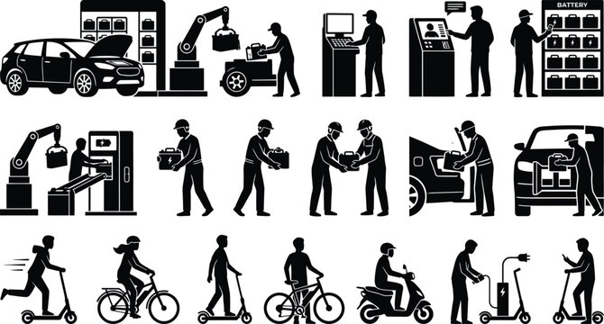 Black and white vector icons of car repair and transportation services isolated on white background, Vector
