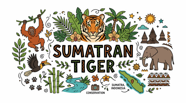 Sumatran Tiger Jungle Animals and Indonesia Map Illustration