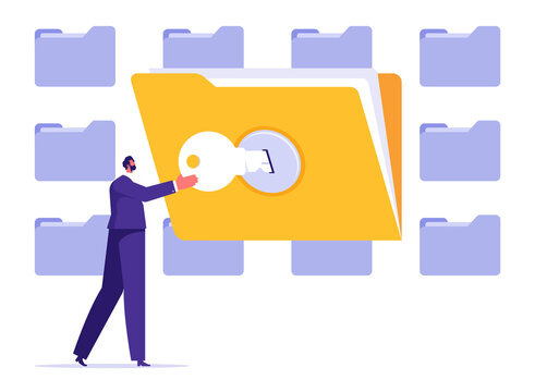Document and data security concept, cyber security services to protect personal documents and data, businessman using security key to access digital files