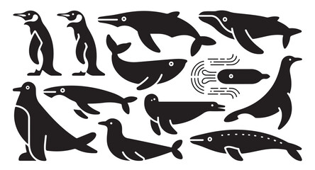 Set of Antarctic animals including penguins seals and whales. © Tamanna