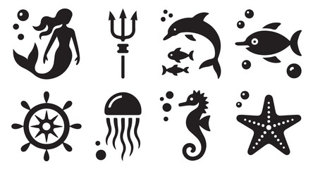 Marine life and nautical icons set featuring a mermaid trident dolphin fish and starfish. © Tamanna