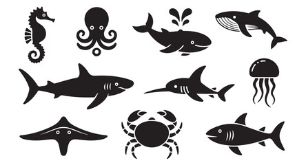 Set of ocean animal silhouettes including sharks octopus whale jellyfish and crab icons. © Tamanna