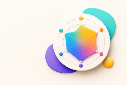 Pastel 3D abstract radar chart composition with colorful gradient polygon and layered circles on soft beige background