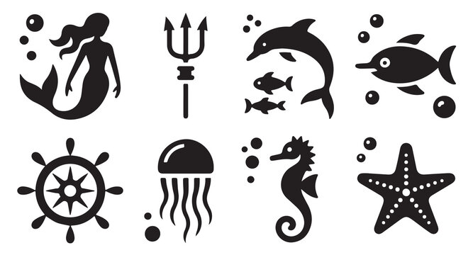 Marine life and nautical icons set featuring a mermaid trident dolphin fish and starfish.