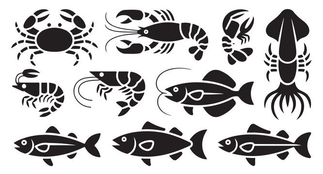 Collection of seafood icons featuring various types of fish crustacean and squid graphics.