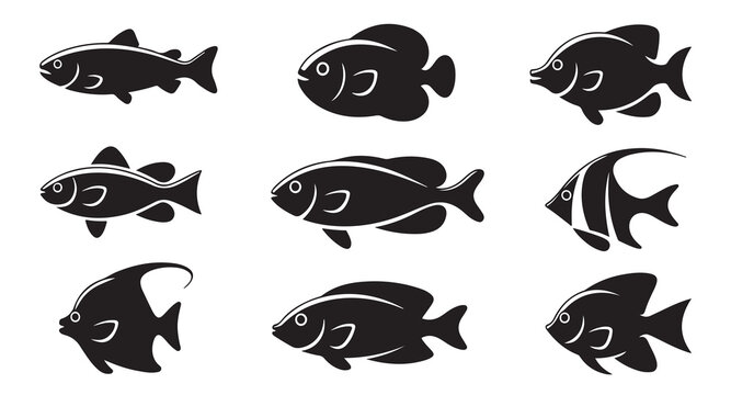 Set of minimalist black fish silhouettes on white background for marine life design theme.