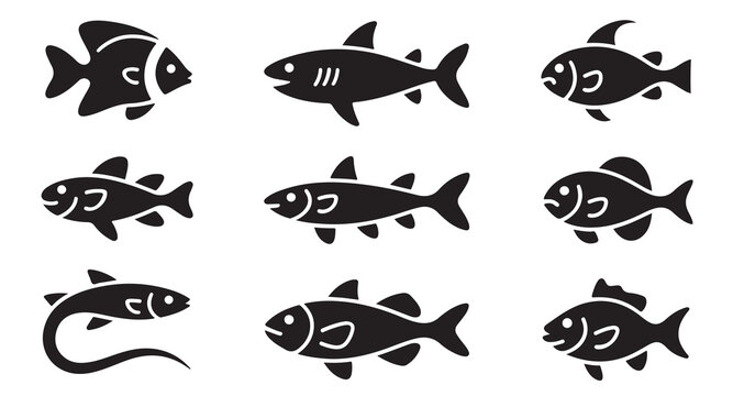 Diverse collection of simple black fish icons representing different aquatic species styles.