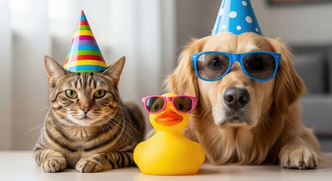 Festive cat golden retriever and rubber duck with party accessories
