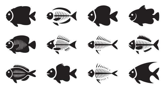 Variety of fish skeleton icons and full fish silhouettes for creative design.