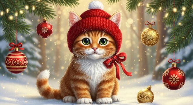 Festive orange tabby kitten wearing a red winter hat with christmas ornaments