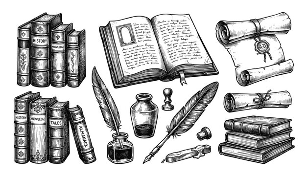 Antique writing set with books, scrolls, and inkwell, vintage objects for education and history on transparent background.