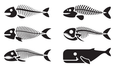 Set of six stylized fish skeletons and one whale silhouette vector illustration. © Tamanna