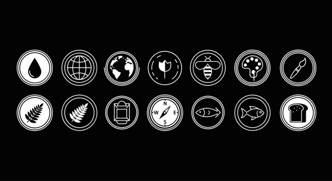 Nature and Ecology Icons Set: Water, Earth, Plants, Bee, Art, Tools, Fern, Compass, Fish, Bread