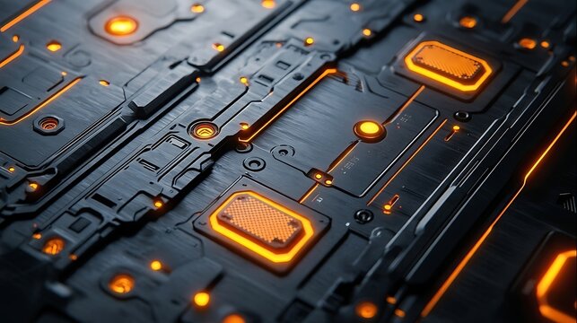 Close-up of futuristic black titanium tactical panel with mechanical joints and amber status lights, industrial UI detail.