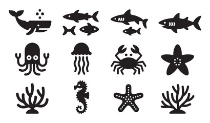 Sea life icons set with whale sharks octopus crab starfish coral seahorse jellyfish vector. © Ms