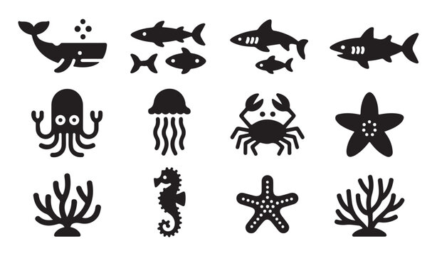 Sea life icons set with whale sharks octopus crab starfish coral seahorse jellyfish vector.