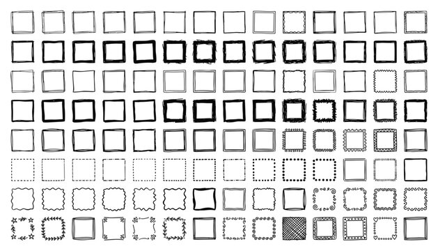 Large collection of hand drawn square frames and border designs on transparent background vector set for artistic decorative card projects.
