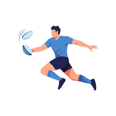 Obraz premium Rugby player in blue uniform running with ball on white background