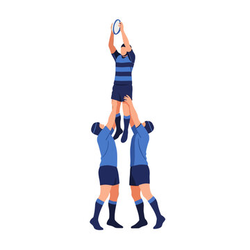Rugby players lifting teammate for lineout catch on white background