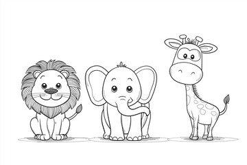 Fototapeta premium Cute jungle animals coloring book page for kids, simple line art