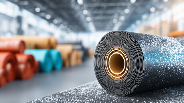 Close up of industrial rubber material roll in modern factory warehouse with blurred production background.