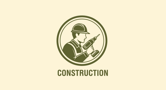 Construction worker in hard hat holding a drill, depicted in a vintage circular emblem design.