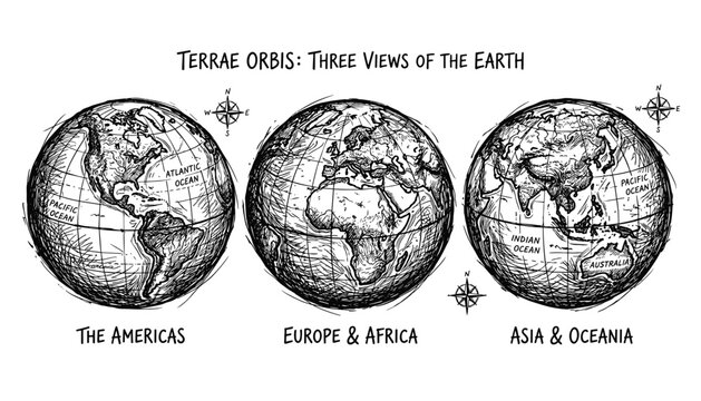 Terrae Orbis Three Views of Earth hemisphere maps in sketch vector illustration transparent background.