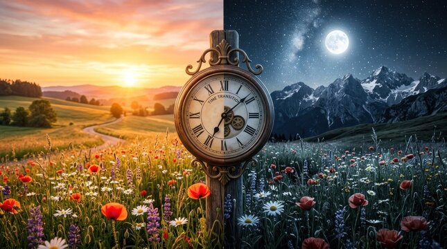 A vintage clock stands prominently in the center of the image, juxtaposed against a split-screen display of a vibrant sunrise and a serene nighttime landscape.