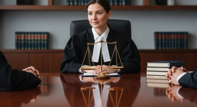 Female judge presides over legal trial in a professional courtroom