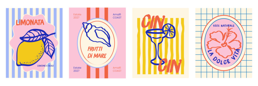 Amalfi Coast Summer Doodle Poster Set With Lemon, Seashell, Cocktail and Hibiscus Flower