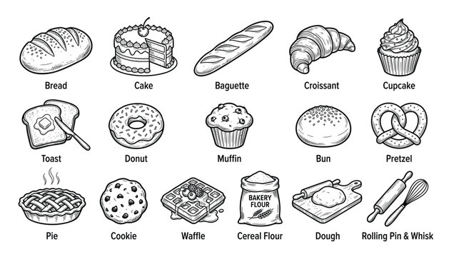 Collection of bakery items and ingredients, vector illustration on transparent background.