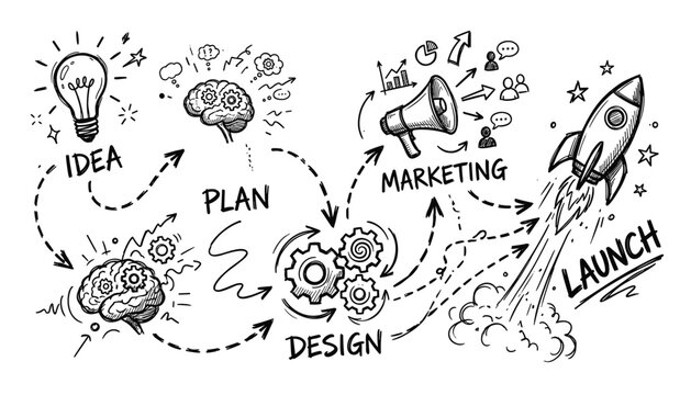 Business startup stages vector illustration: idea, plan, design, marketing, launch. Brainstorming, teamwork, rocket ship, light bulb, megaphone. transparent background.