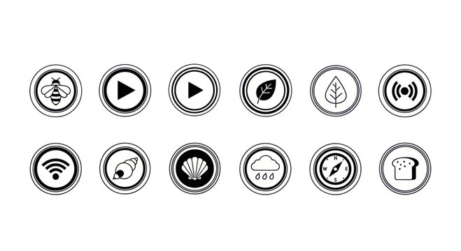 Set of Circular Icons: Bee, Play Button, Leaf, Wi-Fi, Cloud, Compass, Bread, Shell