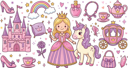 Fototapeta premium Cute Princess Fairytale Collection with Castle, Unicorn, Carriage, Crown, Tea Set, and Magical Fantasy Elements for Kids Designs