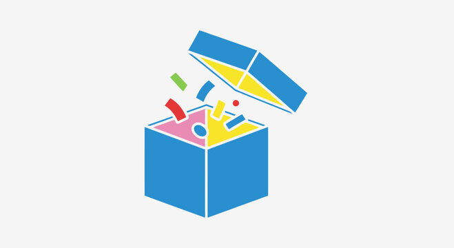 Open blue gift box with colorful confetti exploding out, isolated on white background