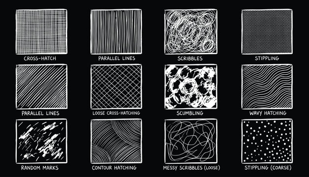 Set of twelve hand drawn texture patterns like cross hatch stippling scribbles and contour hatching for design transparent.