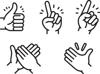 Obraz premium Black Outline Hand Gesture Icon Set with Pointing Finger, OK Sign, Fist and Open Palm Vector Illustration