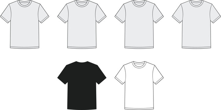Set of professional blank t-shirt vector templates in white black and heather grey including front and back views for apparel branding and merchandise mockups