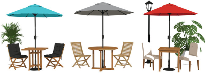 Outdoor Cafe Furniture Collection with Patio Tables Chairs and Umbrellas Vector Illustration Set for Restaurant Terrace, Garden Seating and Summer Design © MdMunzurul