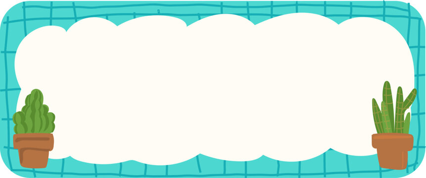 Teal cloud shaped label with plant corner accents