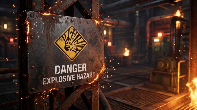 Danger explosive hazard sign with fire and sparks
