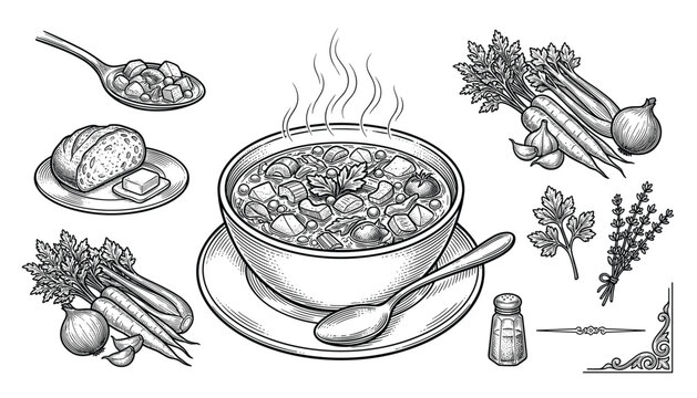 Hot vegetable soup in bowl with ingredients vector sketch illustration transparent background food and drink.