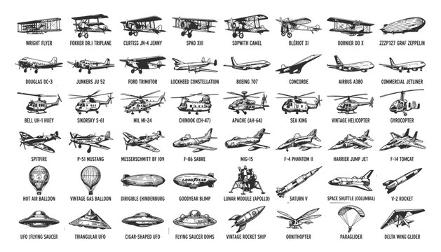 Collection of vintage aircraft and vehicles including airplanes helicopters and dirigibles on transparent background vector.