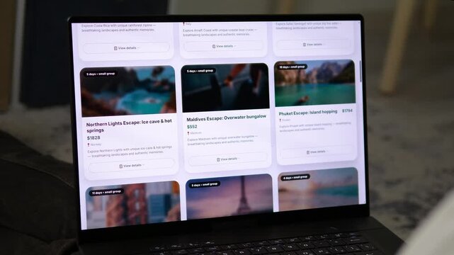 Plan your dream vacation. Seamless online tour booking process on a laptop. From browsing destinations to final confirmation. Perfect for travel agencies, e-commerce, and digital lifestyle content